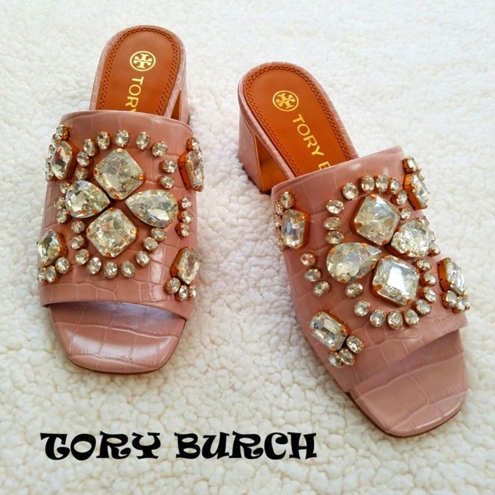 NWT Tory Burch Crocodile-Print Leather And Rhinestones Sandals